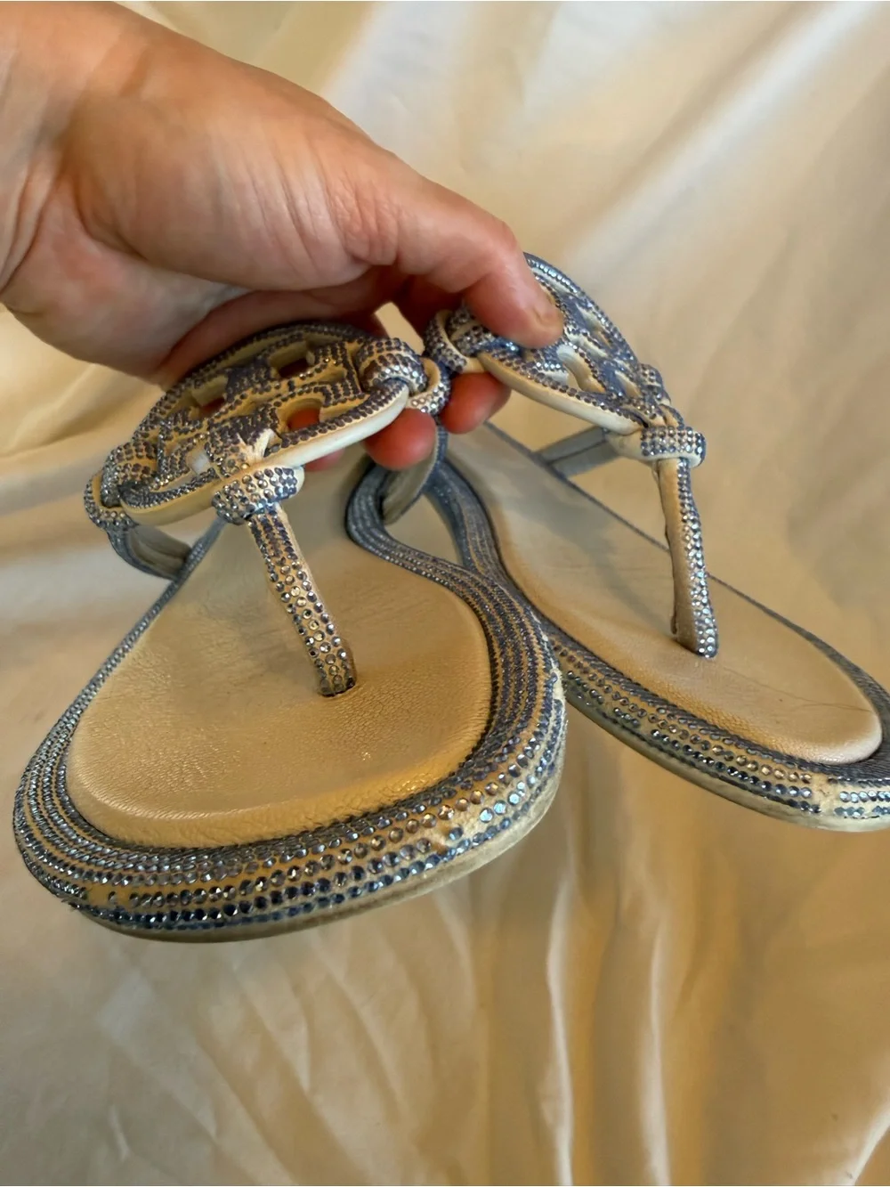 Tory Burch Light Blue rhinestone sparkling Logo Thong Sandals